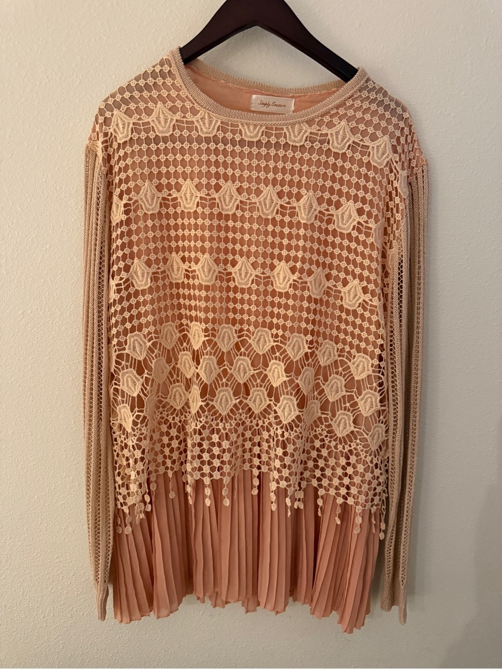 Simply Couture Peach Crochet Lace Pleated Tunic Top L XL Romantic Boho